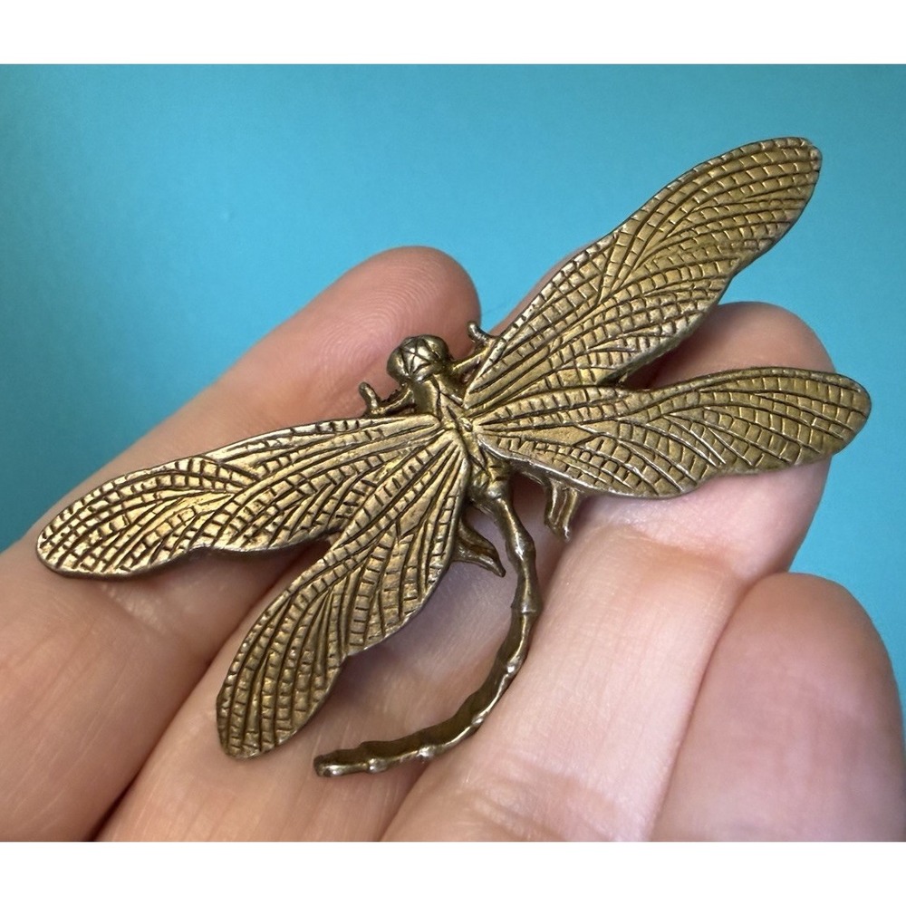 Vintage Brass Dragonfly Brooch Large 3" Art Nouveau Insect Bug Statement Pin
